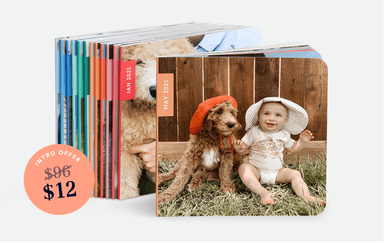 A stack of photo books stands upright, with the front book displaying a baby in a sun hat sitting on grass next to a dog in a red hat, both in front of a wooden fence.