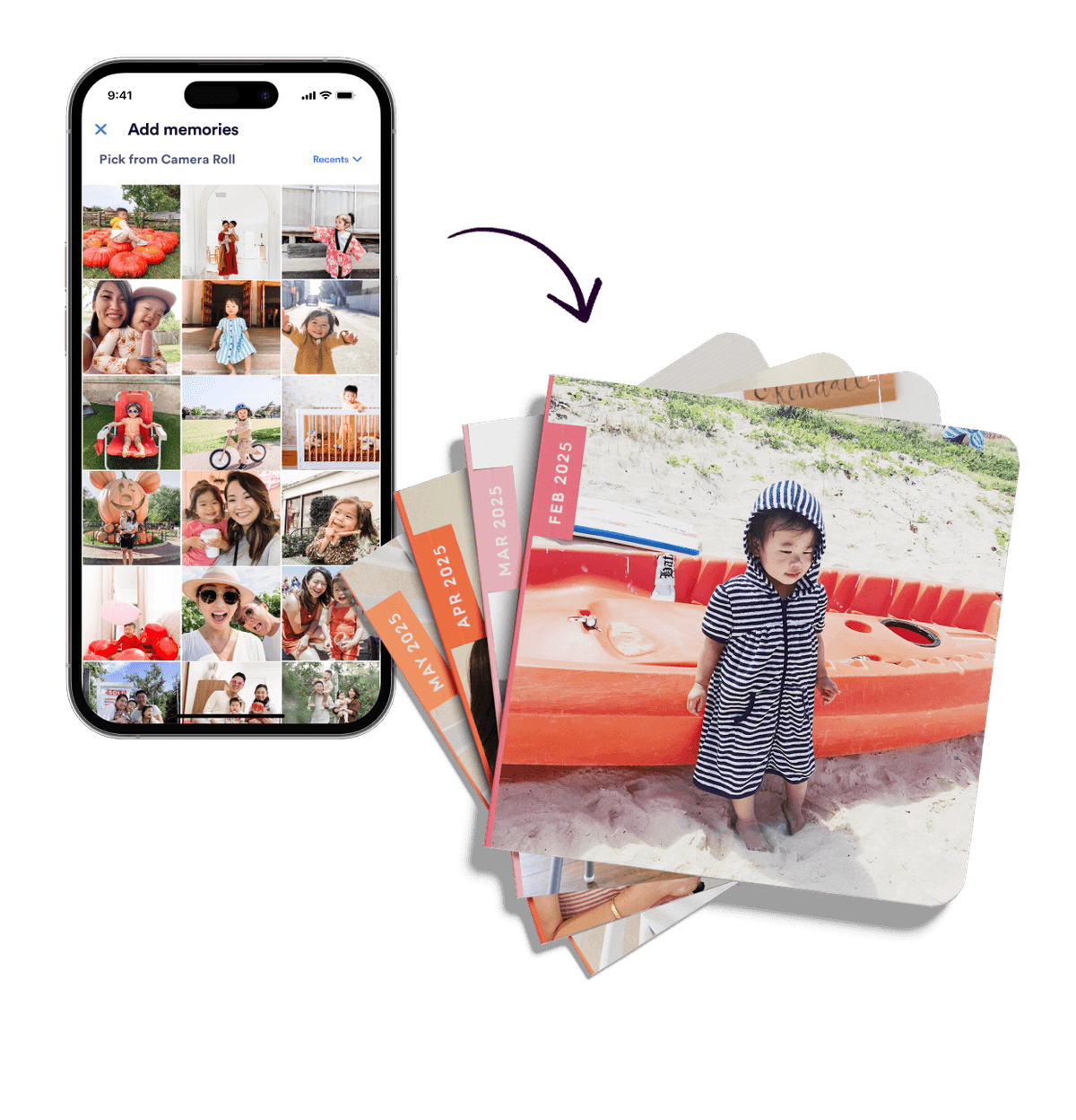 Image of a phone with an arrow pointing to a photo book.