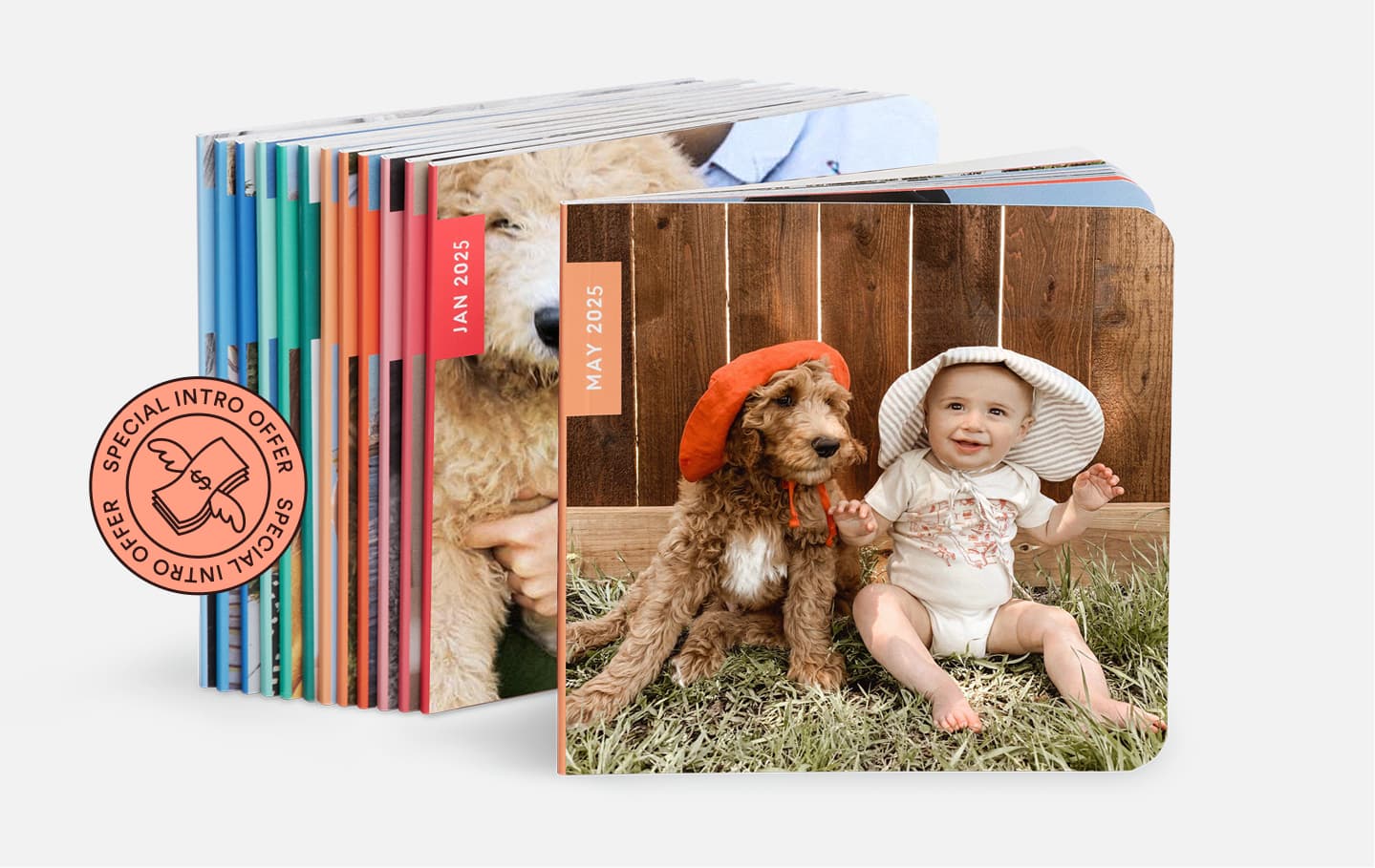 A stack of photo books stands upright, with the front book displaying a baby in a sun hat sitting on grass next to a dog in a red hat, both in front of a wooden fence.