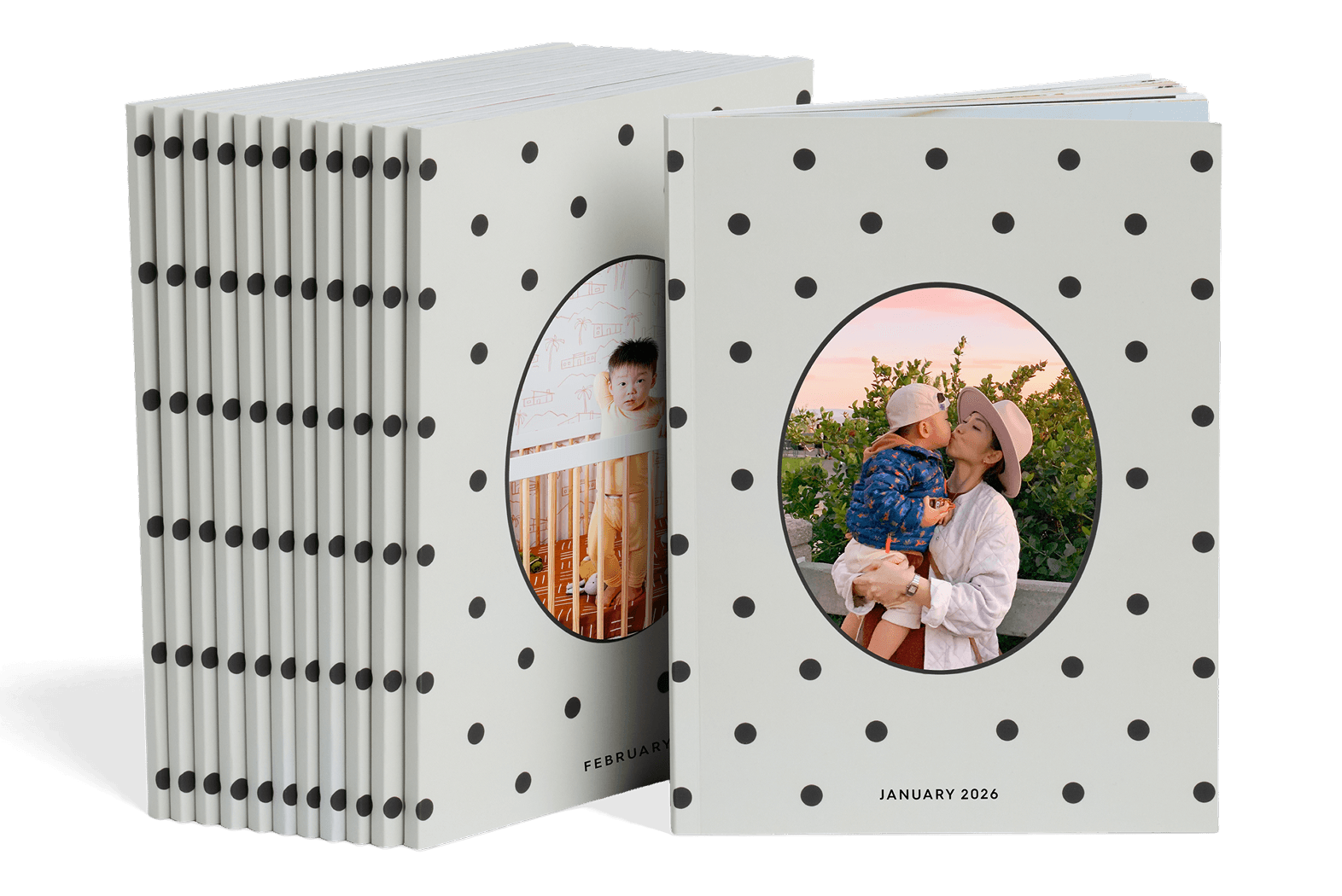 Stack of polka dot cover Monthbooks