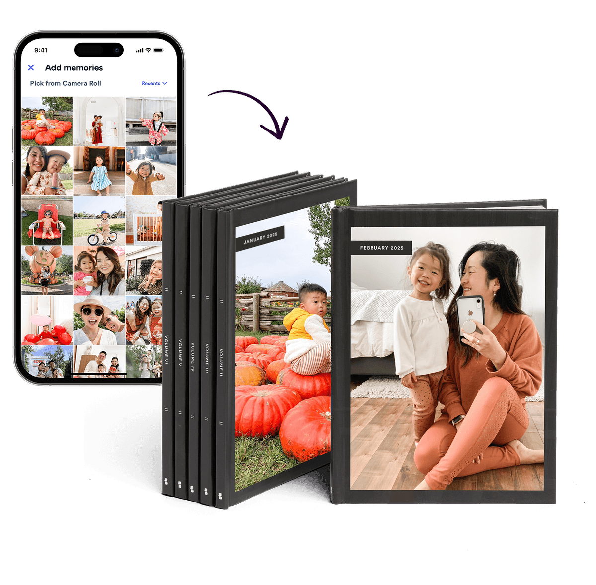 Image of a phone with an arrow pointing to a photo book.