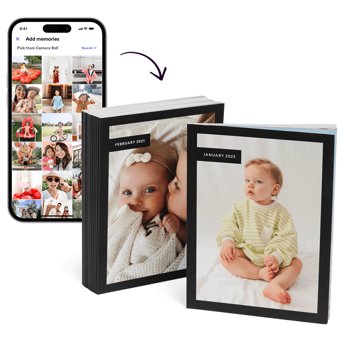 Image of a phone with an arrow pointing to a photo book.