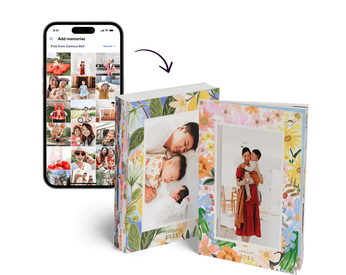 Image of a phone with an arrow pointing to a photo book.