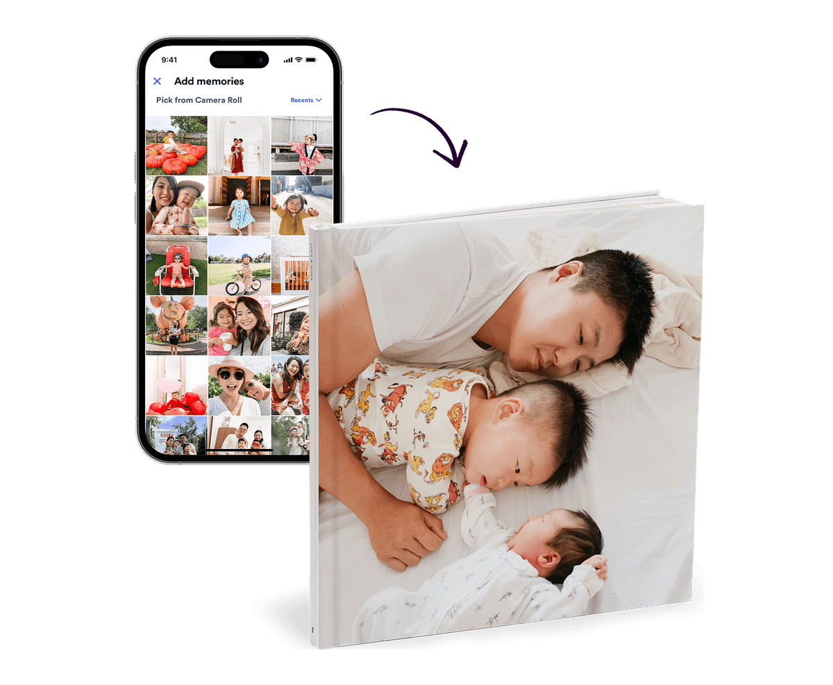 Image of a phone with an arrow pointing to a photo book.