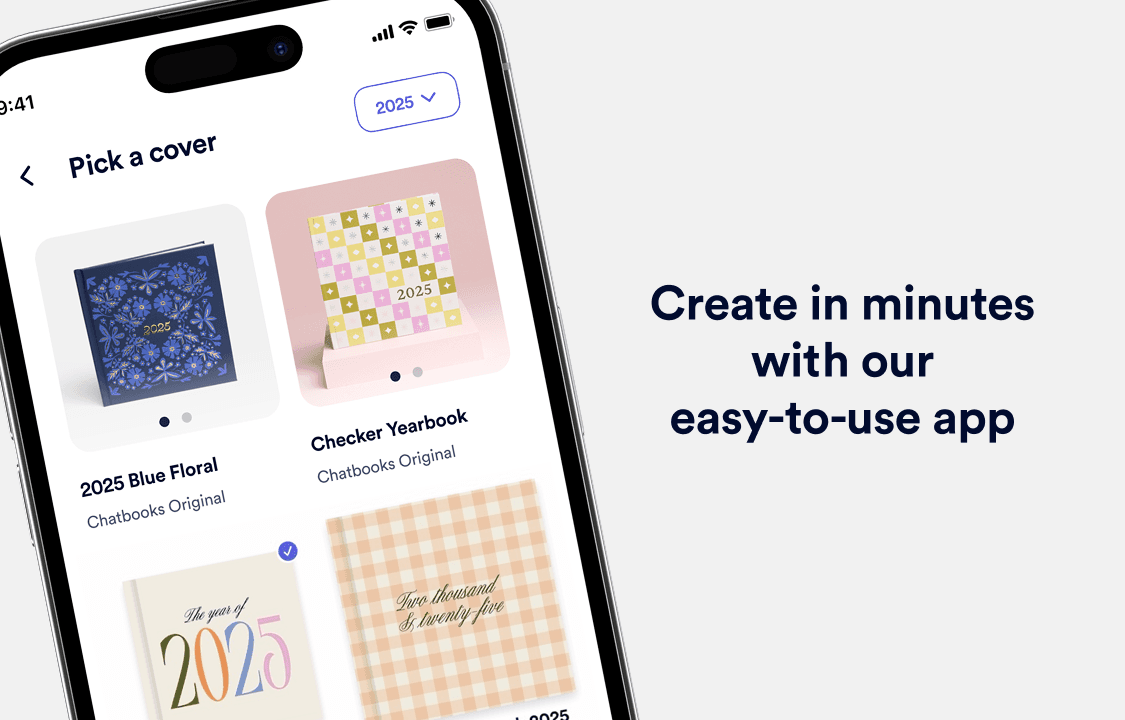 Smartphone screen displaying an app for selecting yearbook covers. Options shown include blue floral and checkered designs. Text reads, "Create in minutes with our easy-to-use app."